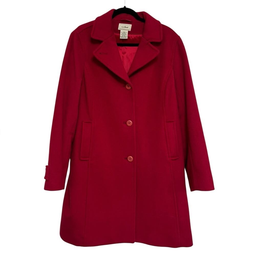 LL Bean Women’s Classic Lambswool Polo Coat Three-Quarter Length in Red- Size 16